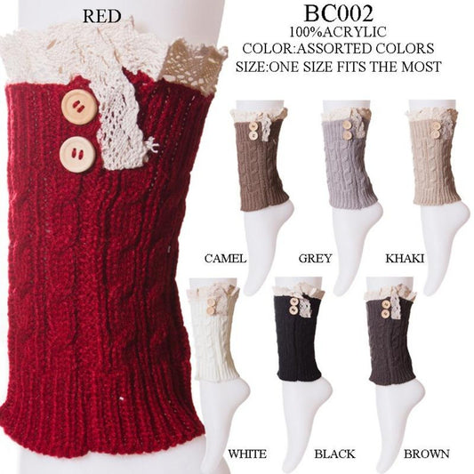 Solid Color Short Knitted Boot Cuffs W/ Buttons & Lace Trim - 12Pc Set