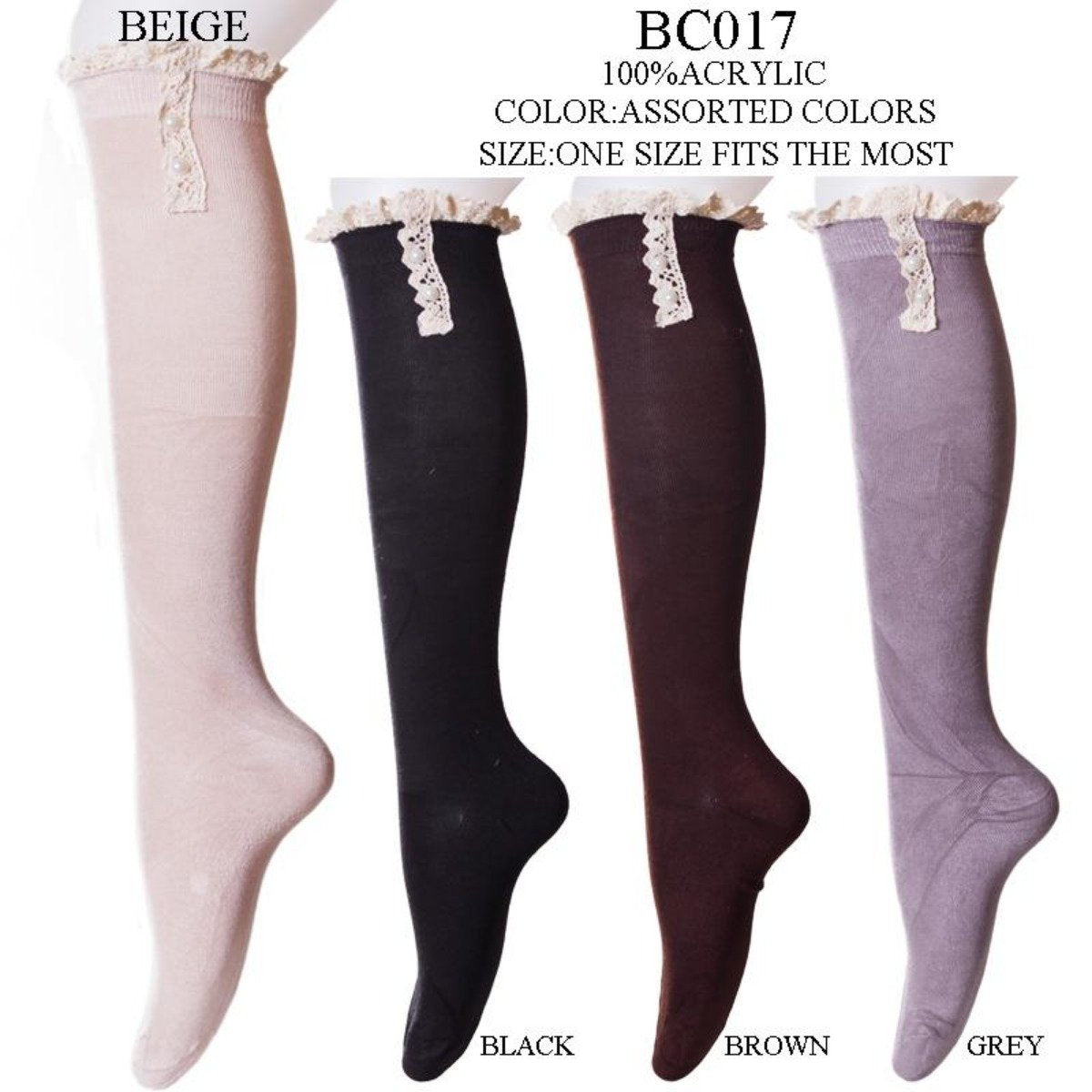 Solid Color Knee-High Stockings W/ Faux Pearls & Lace Trim - 12Pc Set