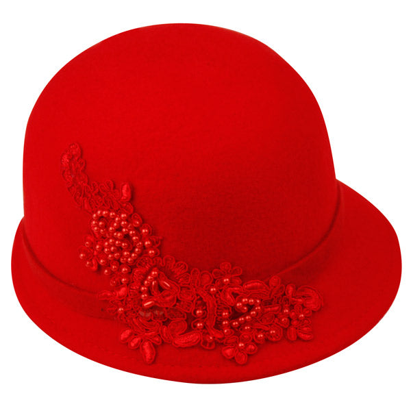 Ladies Wool Felt Hats With Embroidery Flower & Band