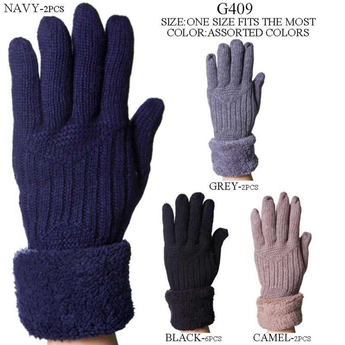 Solid Color Knitted Gloves W/ Cuffs & Fleece Lining - 12Pc Set