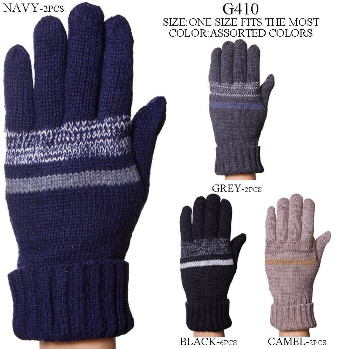 Stripe Pattern Knitted Gloves W/ Cuffs & Double Lining - 12Pc Set