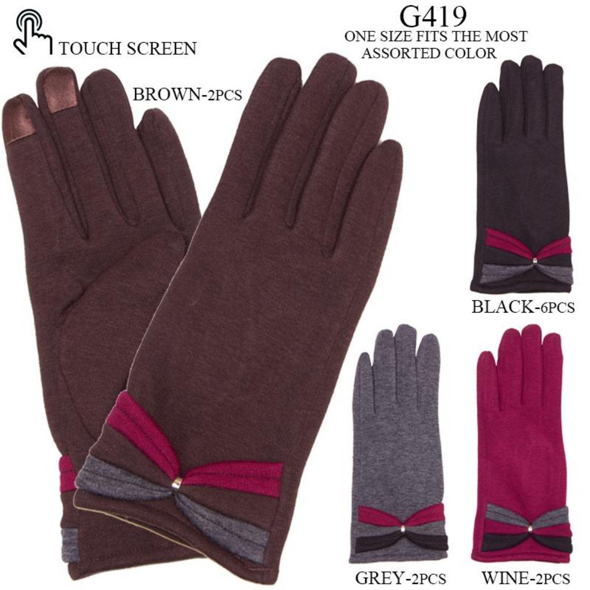 Solid Color Screen-Touch Gloves W/ Multi-Colored Bow - 12Pc Set