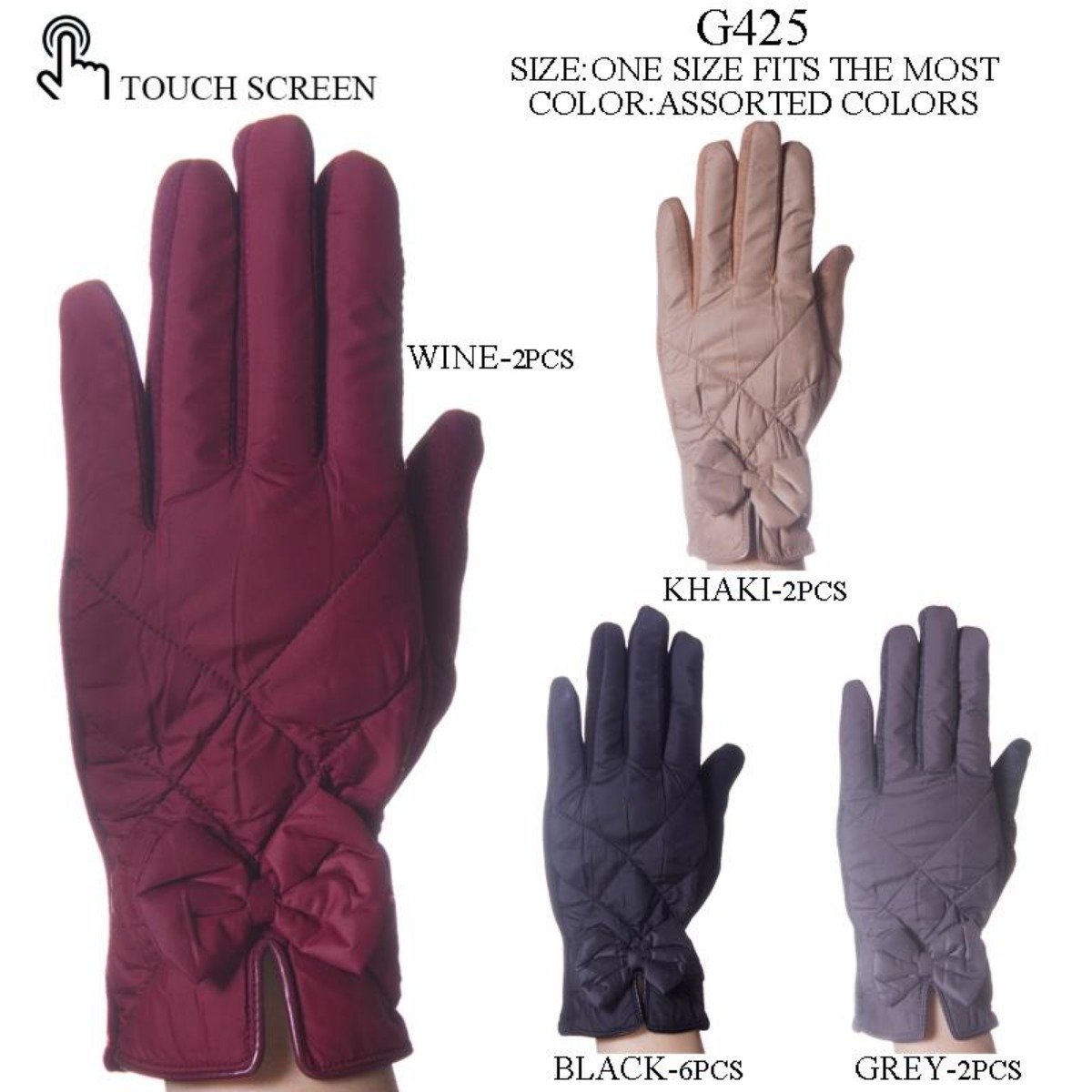 Solid Color Screen-Touch Gloves W/ Bow - 12Pc Set