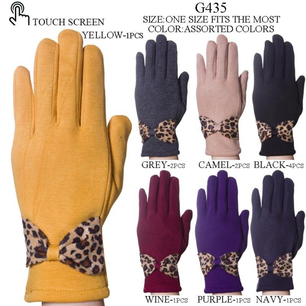 Solid Color Screen-Touch Gloves W/ Leopard Print Bow - 12Pc Set