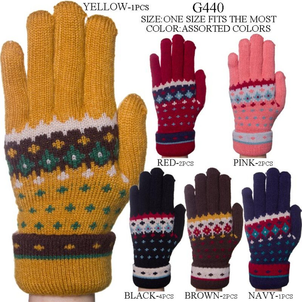 Fleur-De-Lis Pattern Knitted Gloves W/ Cuffs & Sherpa Lining - 12Pc Set
