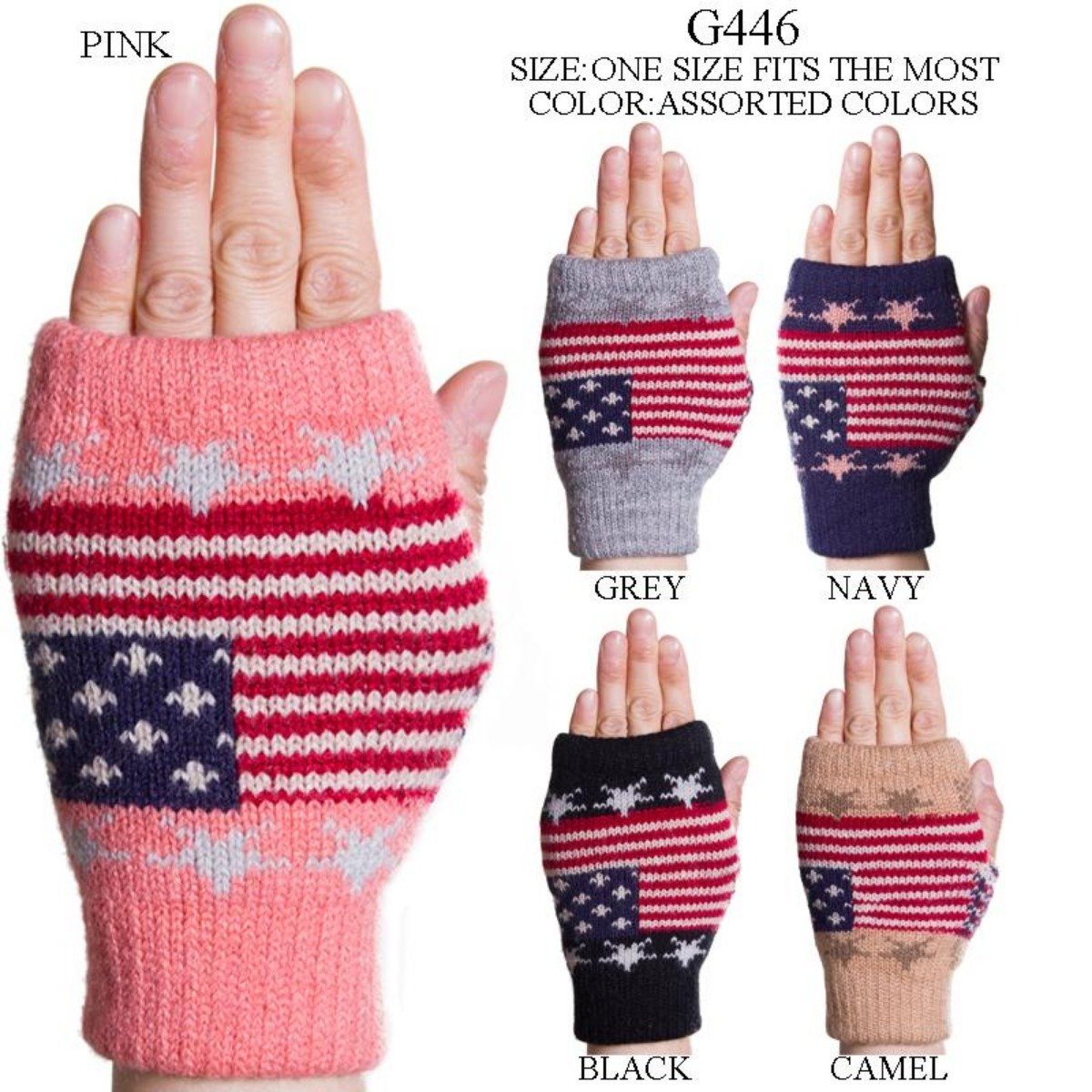 American Flag Print Knitted Fingerless Gloves - 12Pc Set