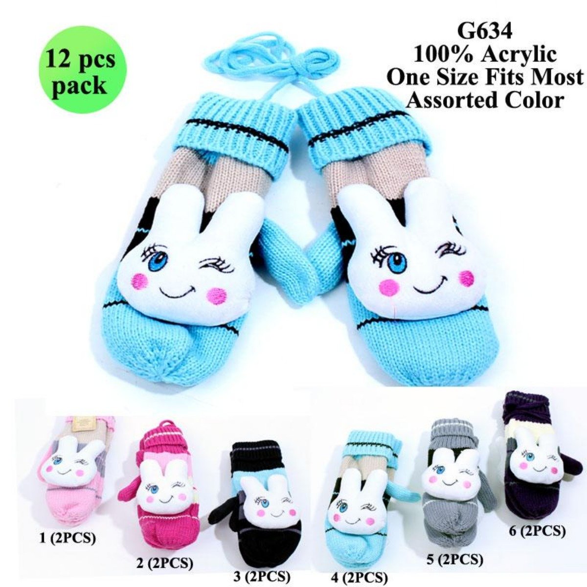 Knitted Mittens W/ Rabbit Covering & Connecting String - 12Pc Set