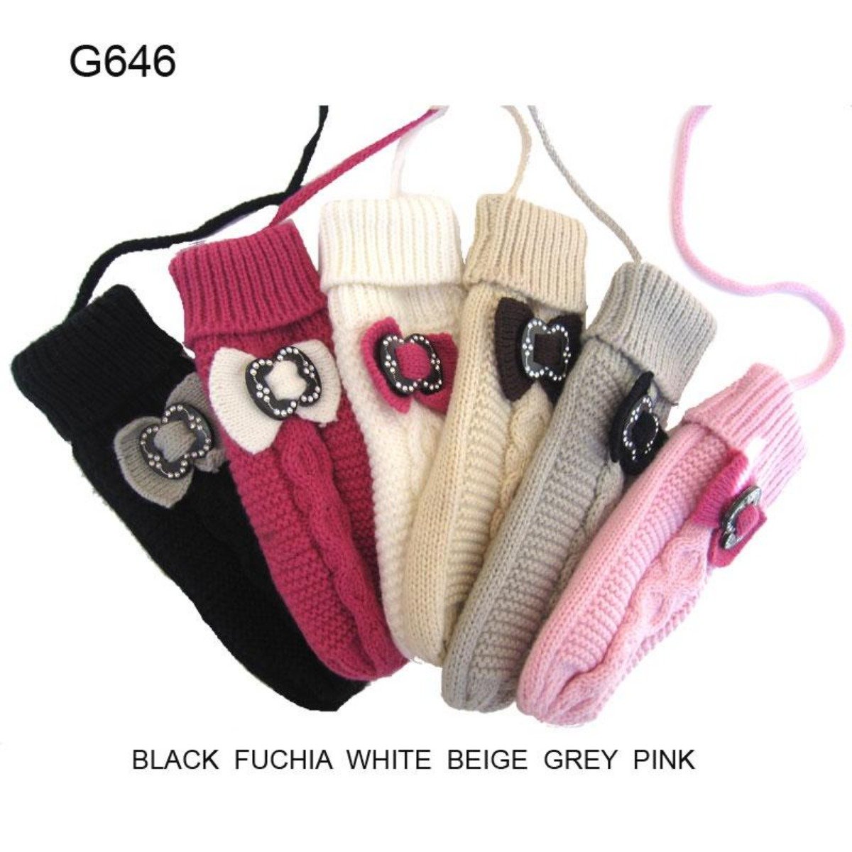Solid Color Knitted Mittens W/ Bow & Connecting String - 12Pc Set