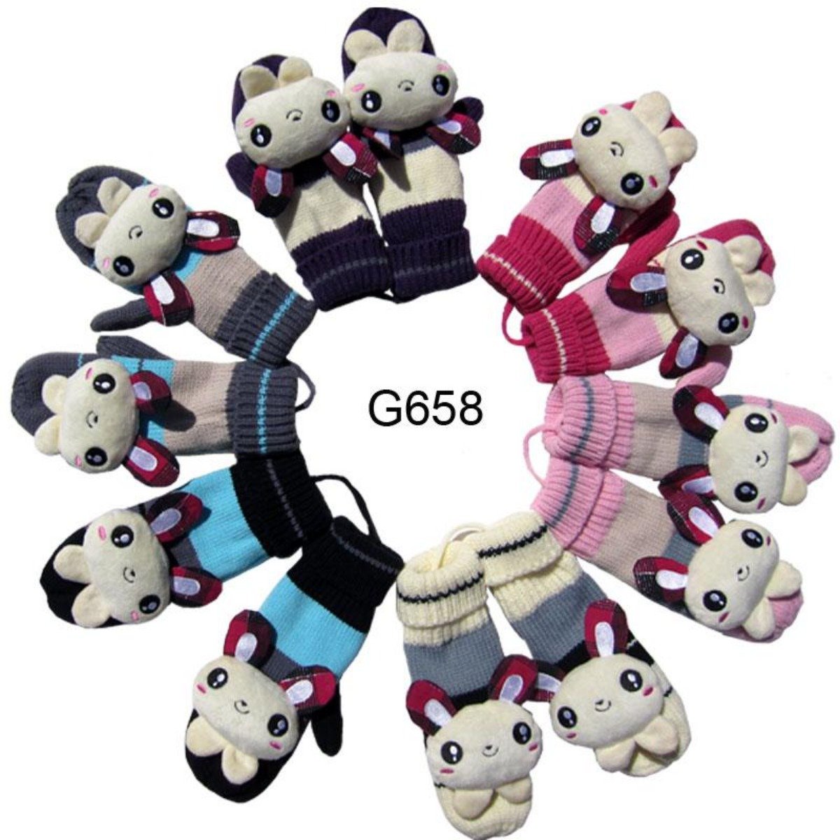 Knitted Mittens W/ Rabbit Covering & Connecting String - 12Pc Set