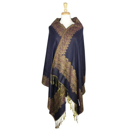 Wholesale Bulk Pack Border Pattern Pashmina Scarf - Navy Blue