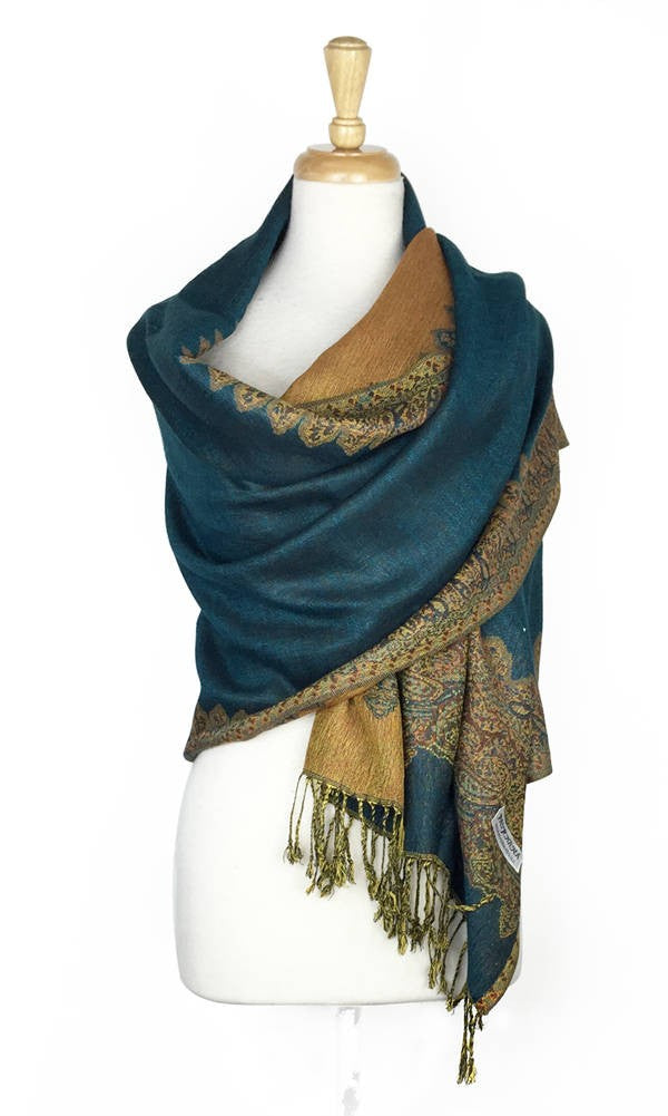 Wholesale Bulk Pack Border Pattern Pashmina Scarf - Teal