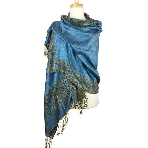 Wholesale Bulk Pack Border Pattern Pashmina Scarf - Blue