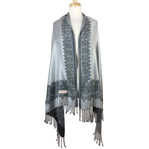 Wholesale Bulk Pack Border Pattern Pashmina Scarf - Grey