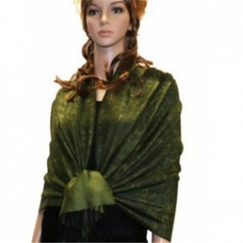 Wholesale Bulk Pack Light Paisley Pashmina Scarf - Black W/ Green