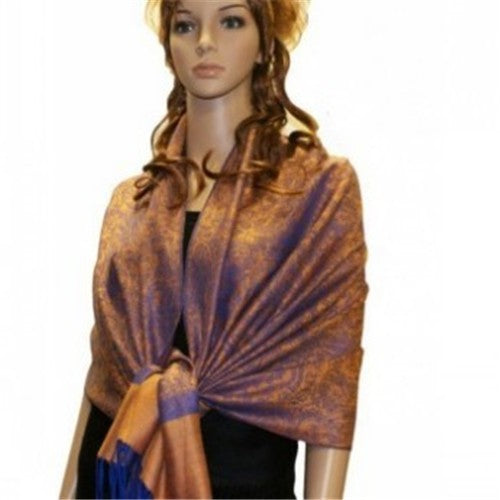 Wholesale Bulk Pack Light Paisley Pashmina Scarf - Orange W/ Dark Blue