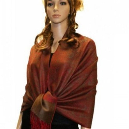 Wholesale Bulk Pack Light Paisley Pashmina Scarf - Brown W/ Red