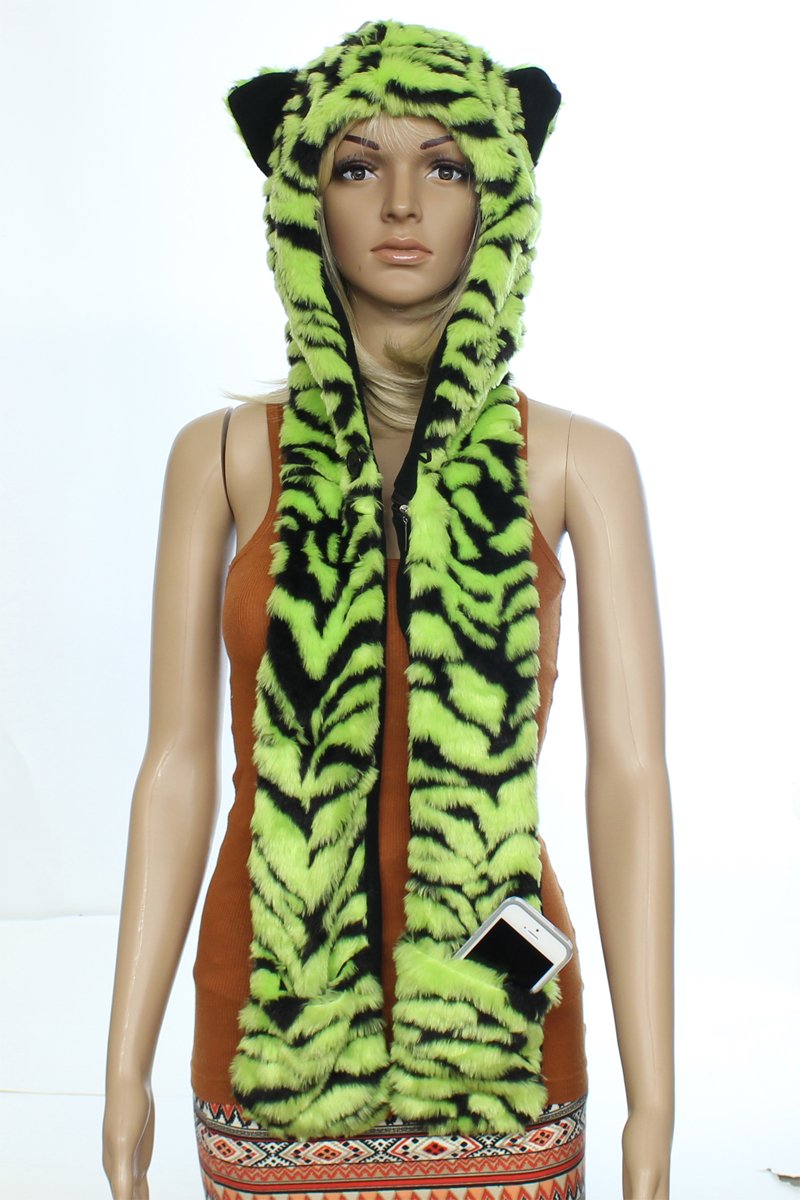 Neon Colored Faux Fur Hat & Scarf Set W/ Ears & Pockets