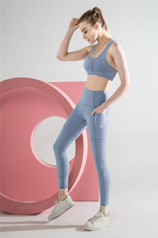 Solid Color Sports Bra & High - Rise Tights Set W/ Stash Pockets