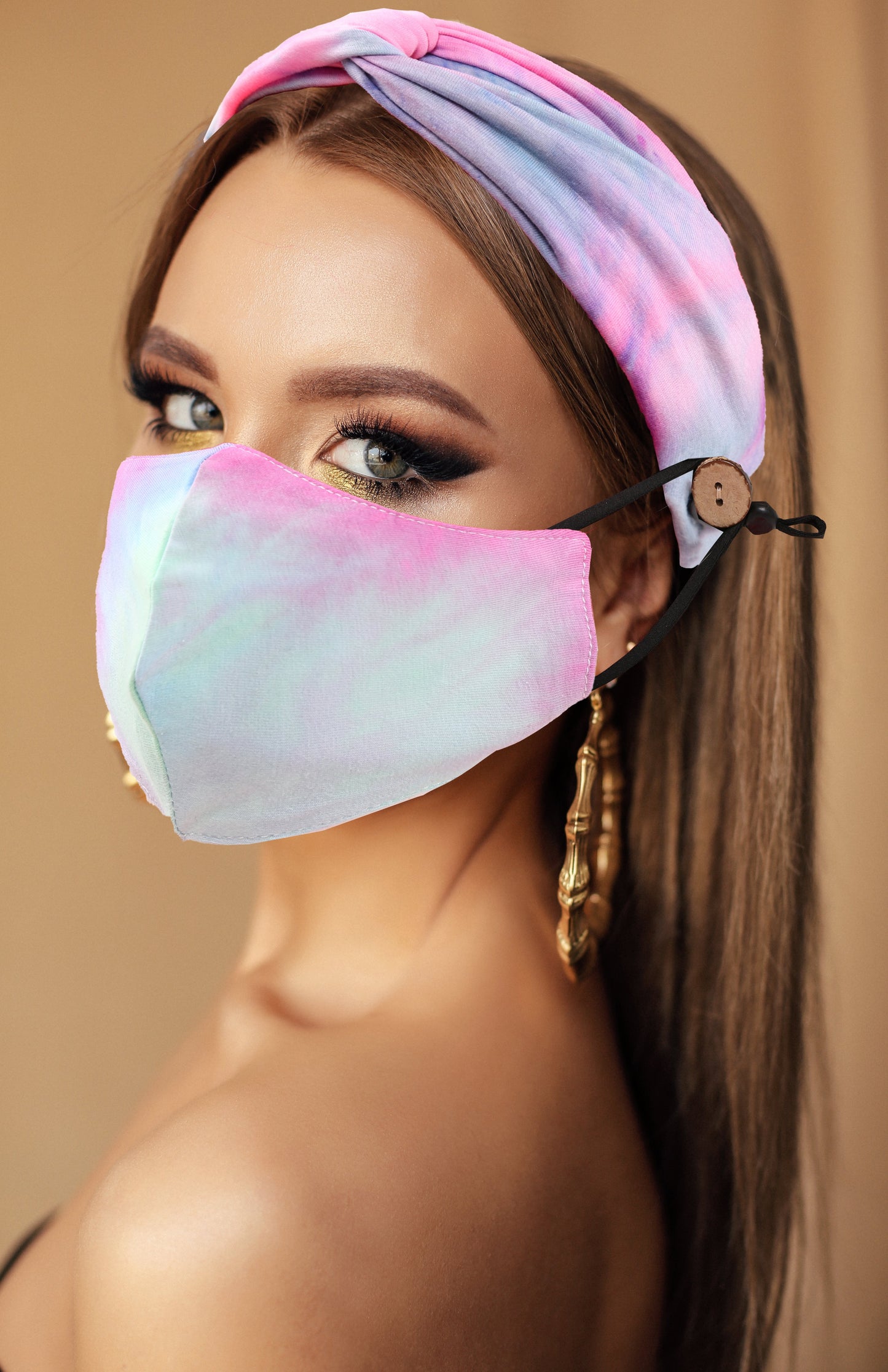 Headband & Cotton Face Mask W/ Coconut Buttons & Filter Pocket