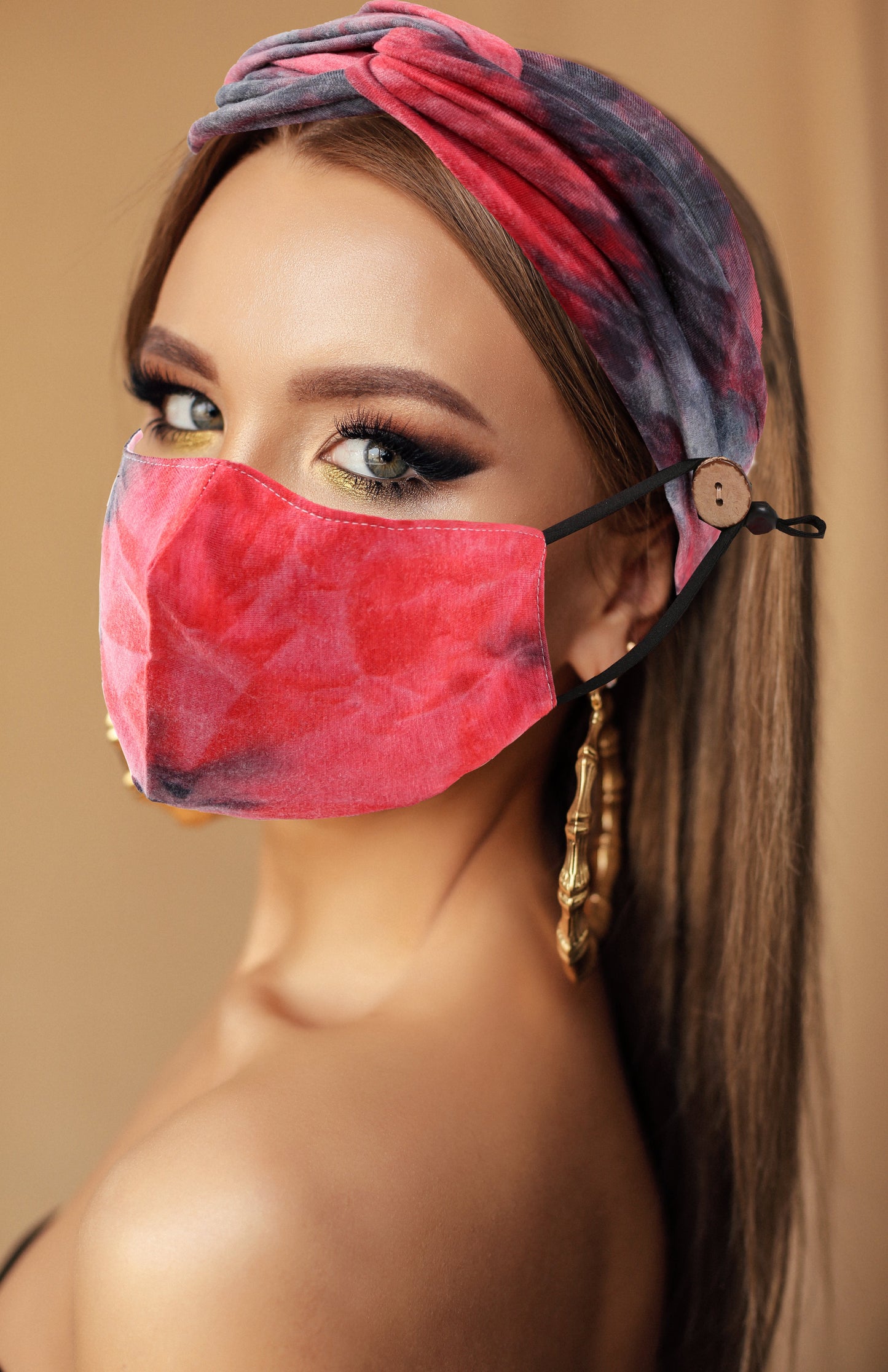 Headband & Cotton Face Mask W/ Coconut Buttons & Filter Pocket