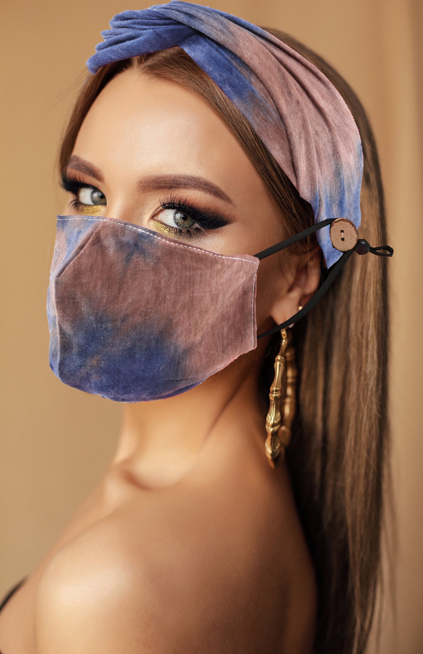 Headband & Cotton Face Mask W/ Coconut Buttons & Filter Pocket
