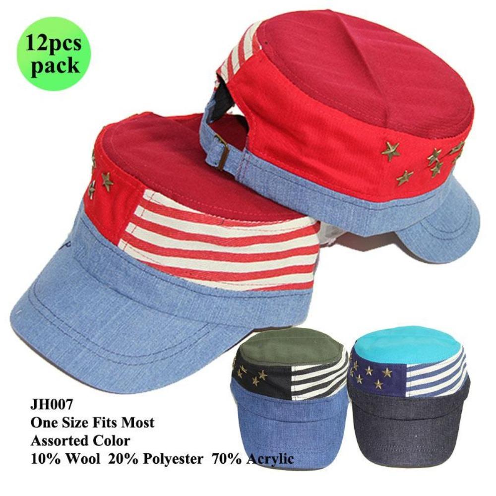 American Flag Inspired Denim Hat W/ Metal Studded Stars - 12Pc Set