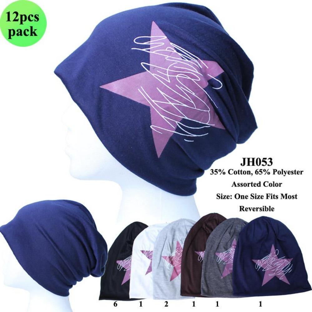 Star Detailed Reversible Beanie - 12Pc Set