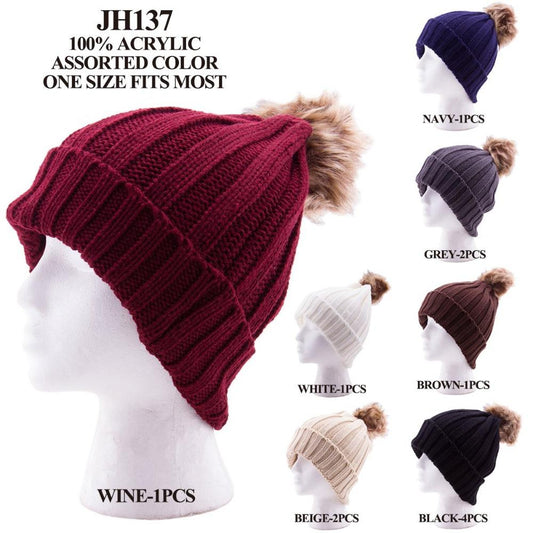 Solid Color Knitted Beanie W/ Faux Fur Pom-Pom - 12Pc Set