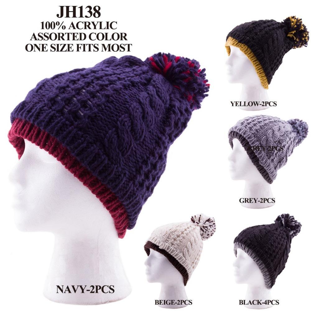 Two-Tone Knitted Beanie W/ Pom-Pom - 12Pc Set