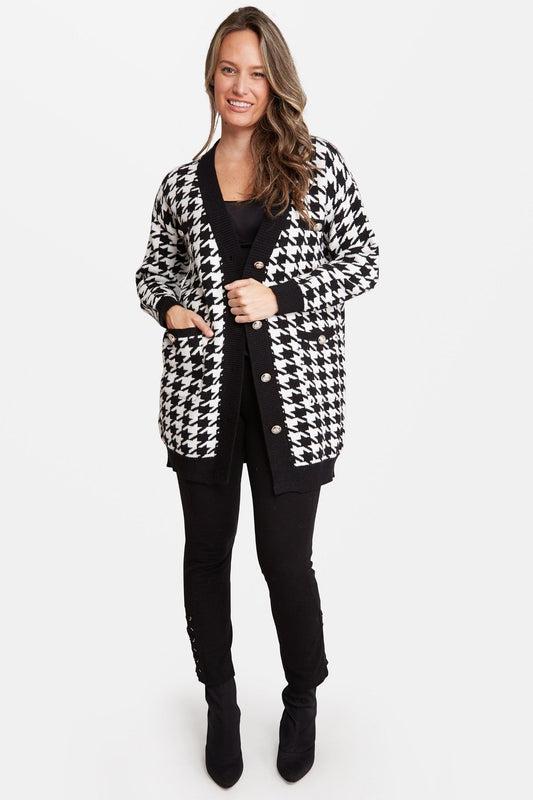 Houndstooth Pattern Cardigan W/ Pockets & Button Closure