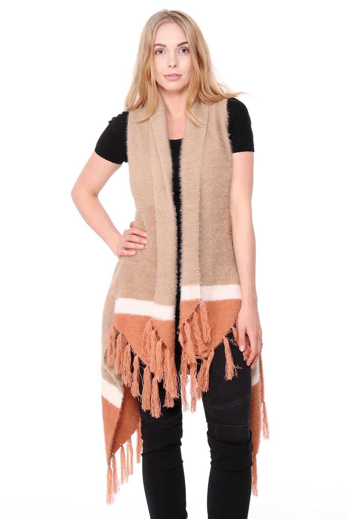 Three-Tone Knitted Vest W/ Tassels