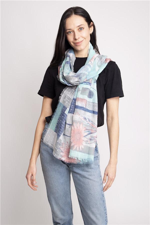 Mixed Print Oblong Scarf With White  Plush Speckled