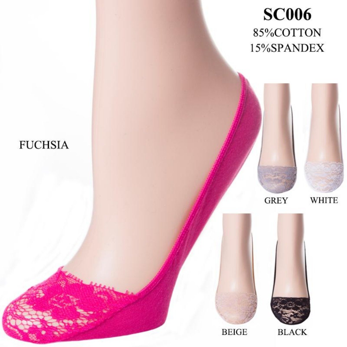Solid Color Hidden Stretch Socks W/ Lace Trim - 12Pc Set