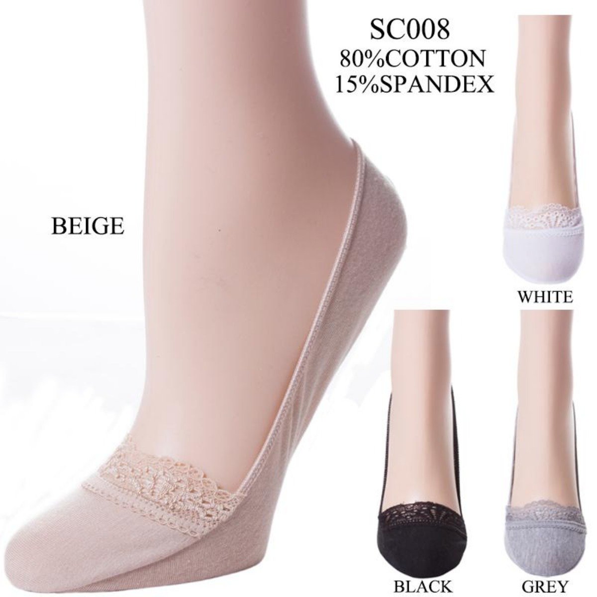 Solid Color Hidden Stretch Socks W/ Lace Trim - 12Pc Set