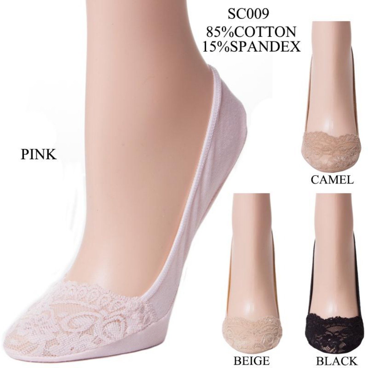 Solid Color Non-Slip Hidden Stretch Socks W/ Lace Trim - 12Pc Set