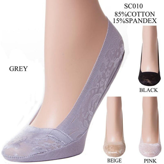 Solid Color Non-Slip Hidden Stretch Socks W/ Lace Trim - 12Pc Set