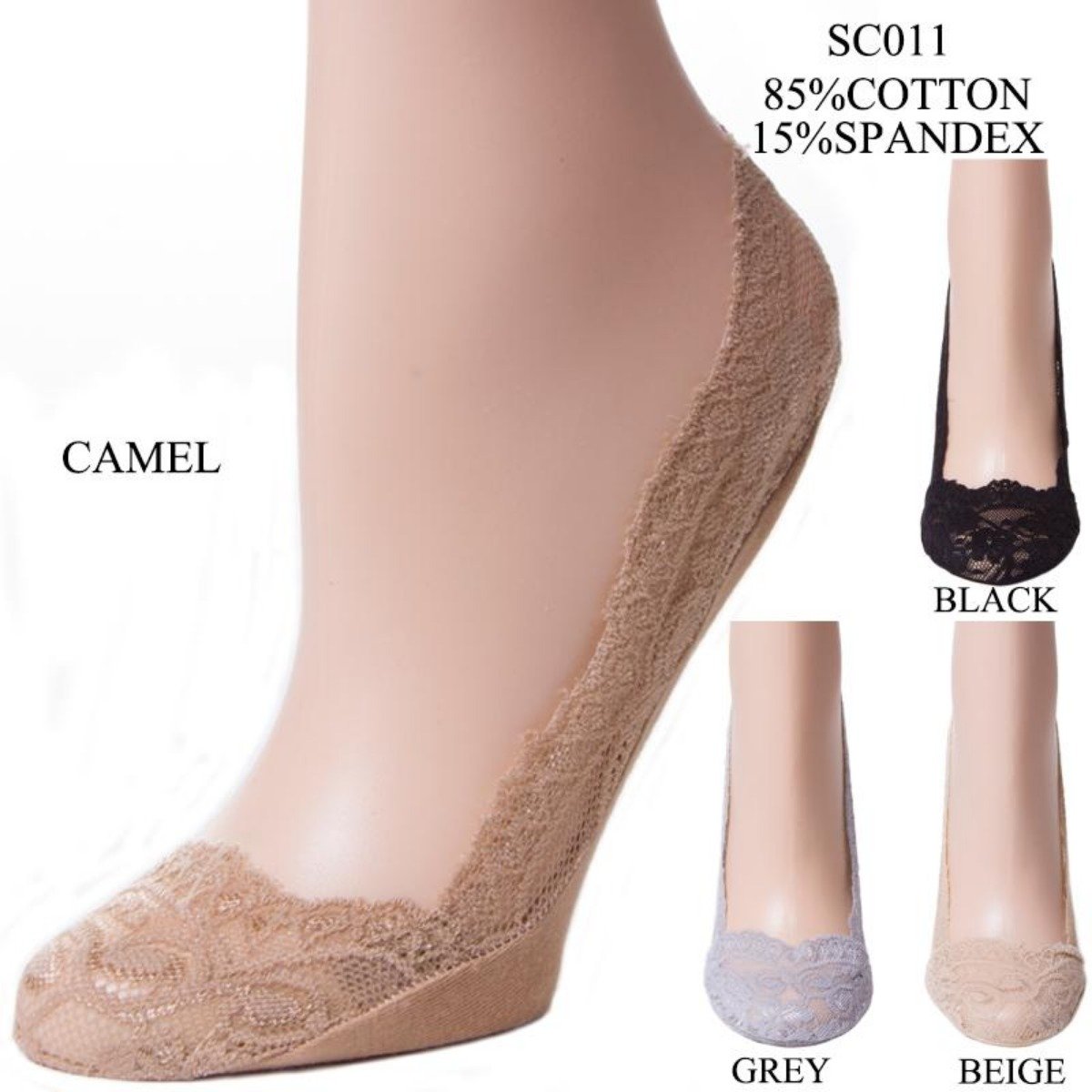 Solid Color Non-Slip Hidden Stretch Socks W/ Lace Trim - 12Pc Set