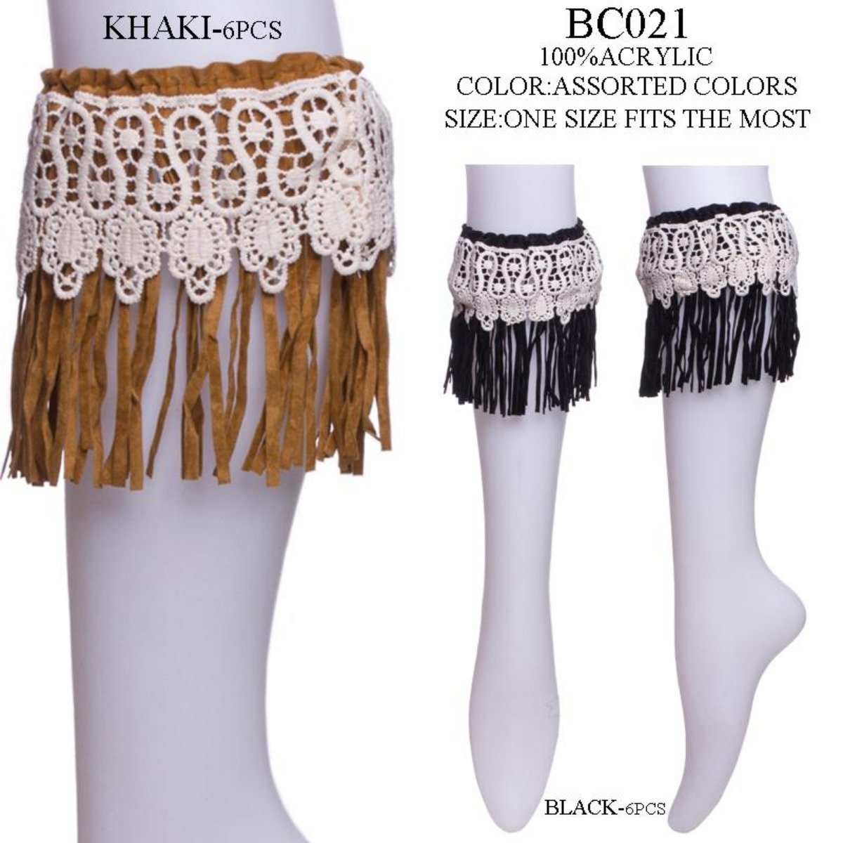 Solid Color Suede Fringe Short Boot Cuffs W/ Lace Trim - 12Pc Set