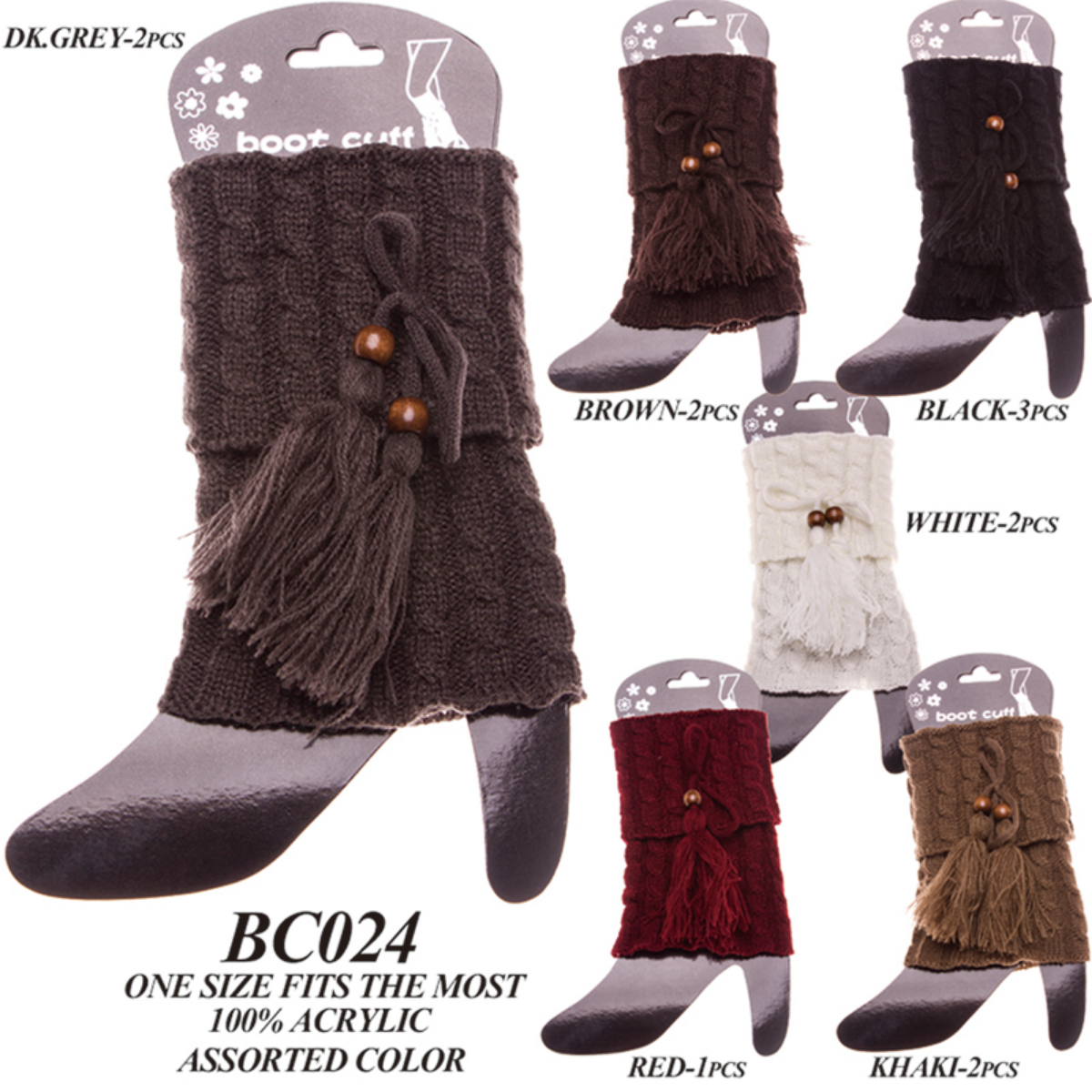 Solid Color Short Knitted Boot Cuffs W/ Tassels - 12Pc Set