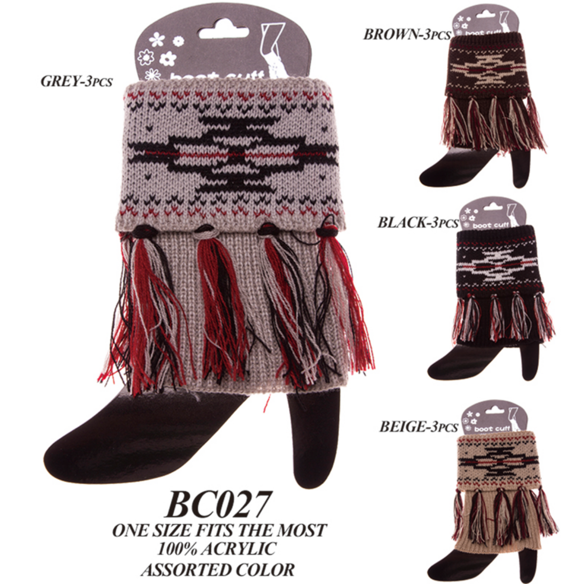 Mixed Print Short Knitted Boot Cuffs W/ Fringe - 12Pc Set