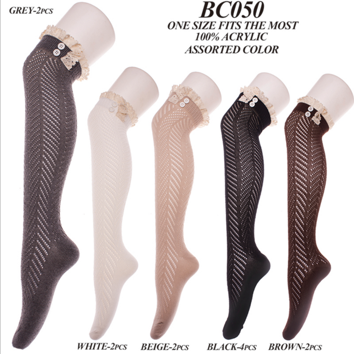 Solid Color Knee-High Stockings W/ Buttons & Lace Trim - 12Pc Set