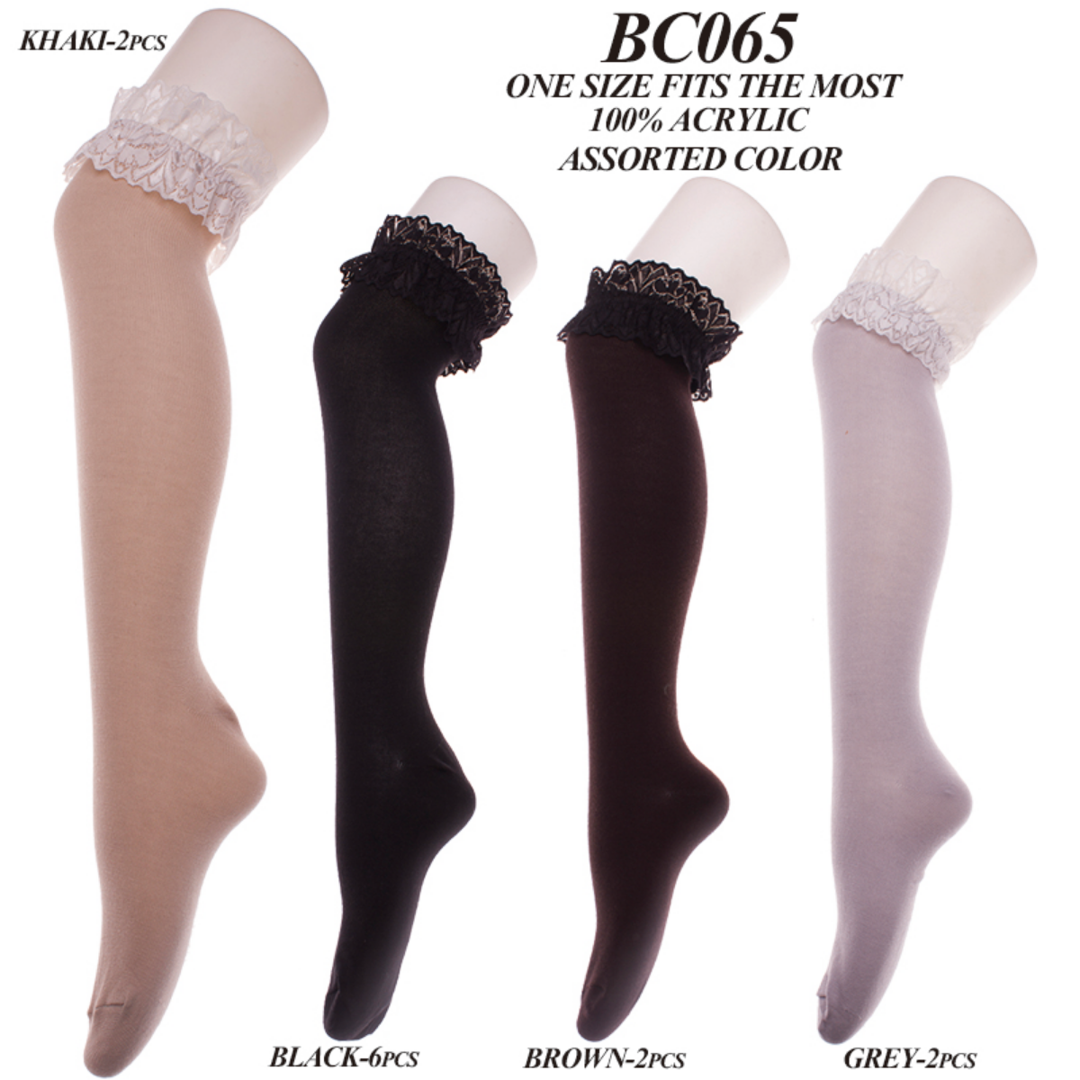 Solid Color Knee-High Stockings W/ Lace Trim - 12Pc Set