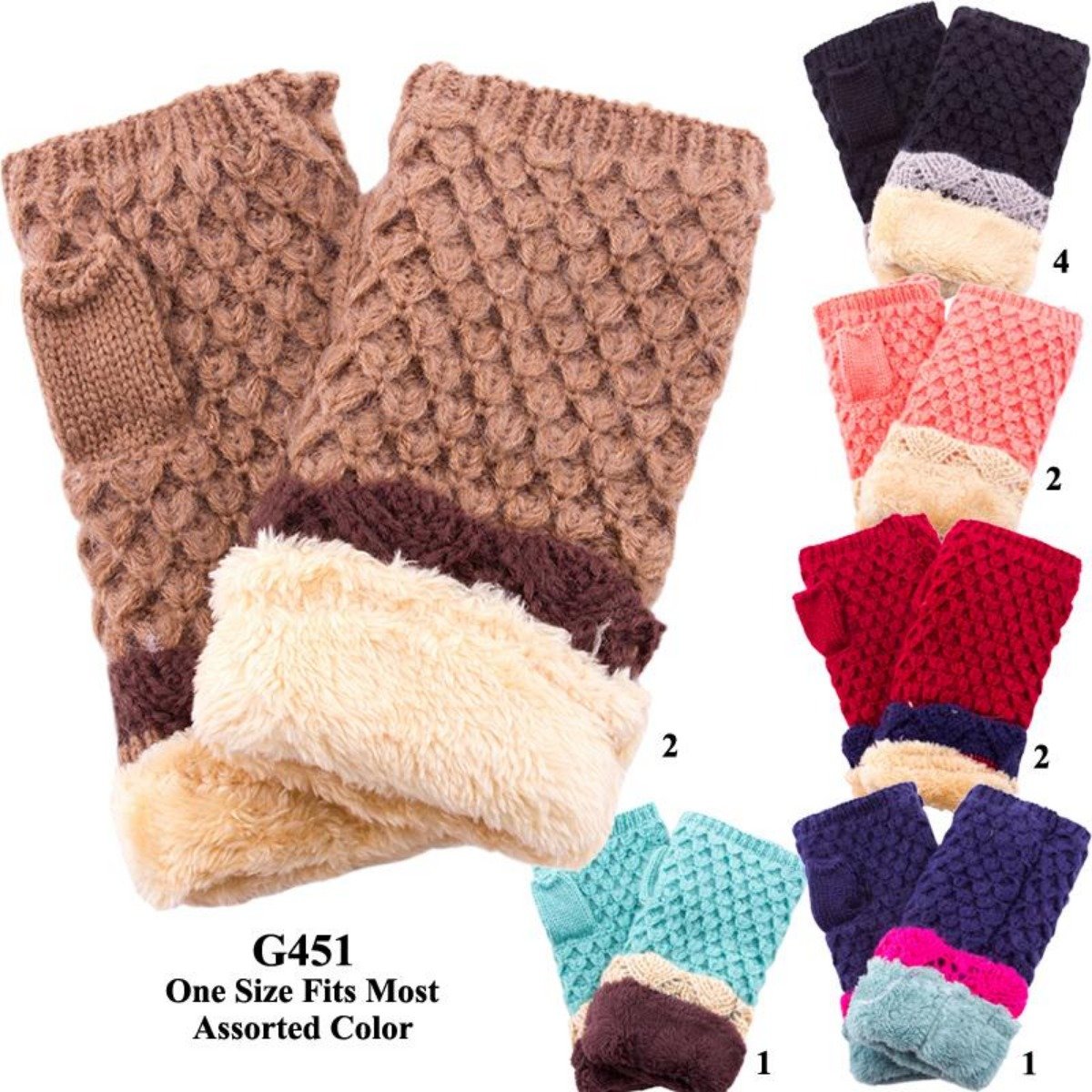 Three-Tone Knitted Fingerless Gloves W/ Cuffs & Sherpa Lining - 12Pc Set