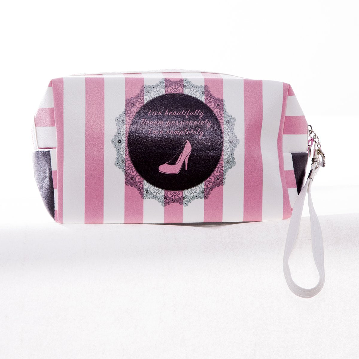 High Heels & Stripes Print Faux Patent Leather Makeup Bag