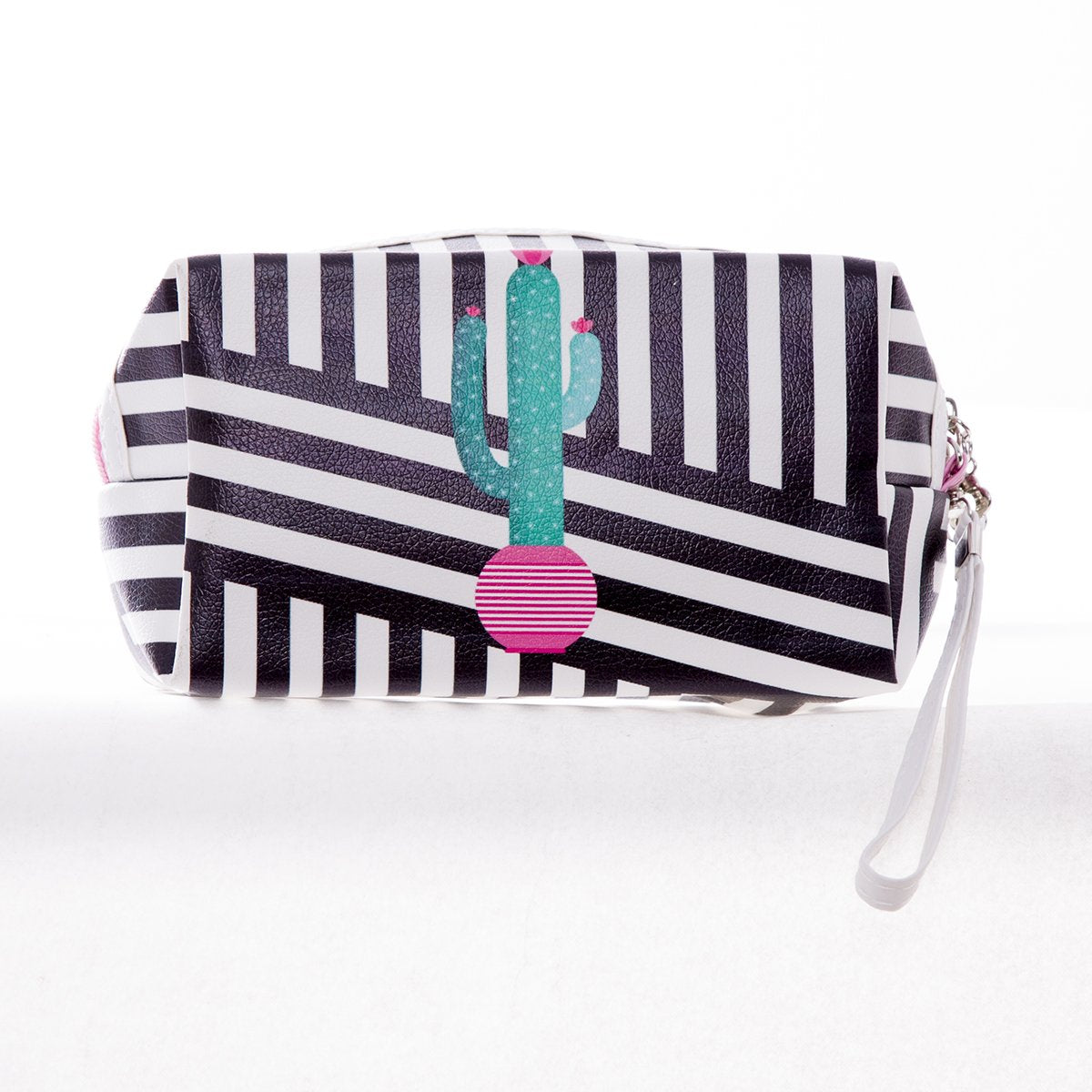 Cactus & Stripes-Print Faux Leather Makeup Bag -05