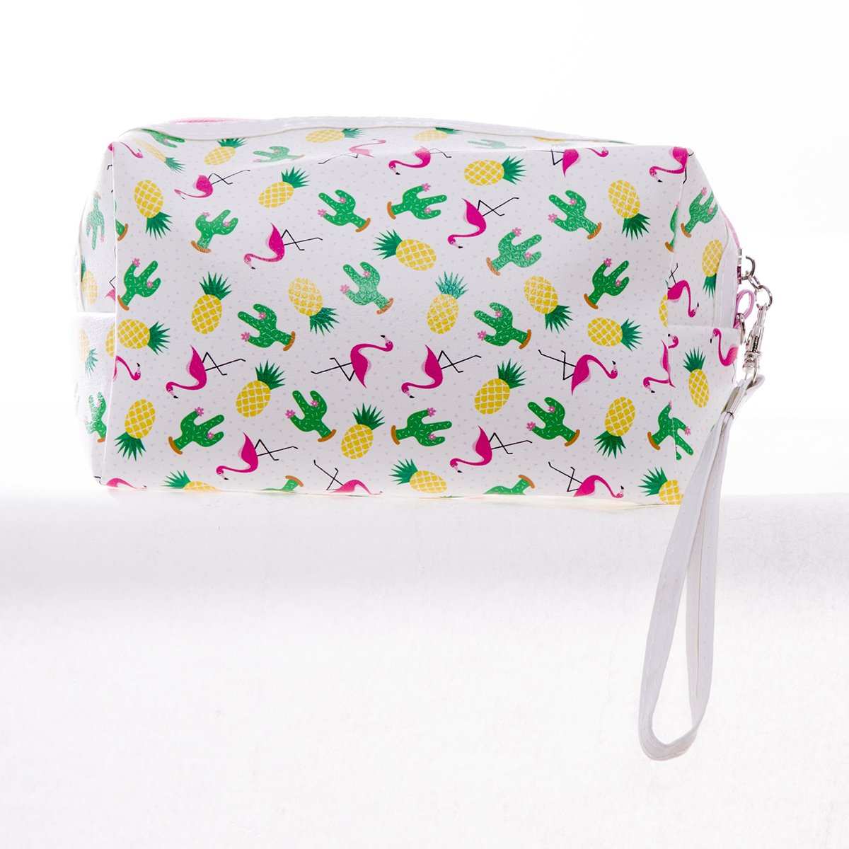 Flamingo & Cactus Print Faux Leather Makeup Bag