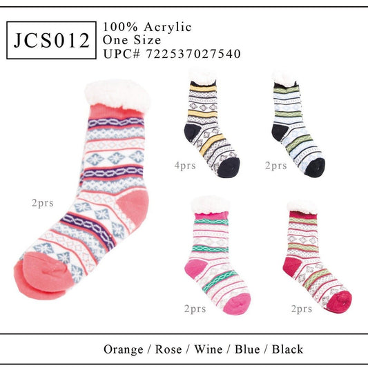Mixed Print Non-Slip Long Knitted Socks W/ Fleece Lining - 12Pc Set