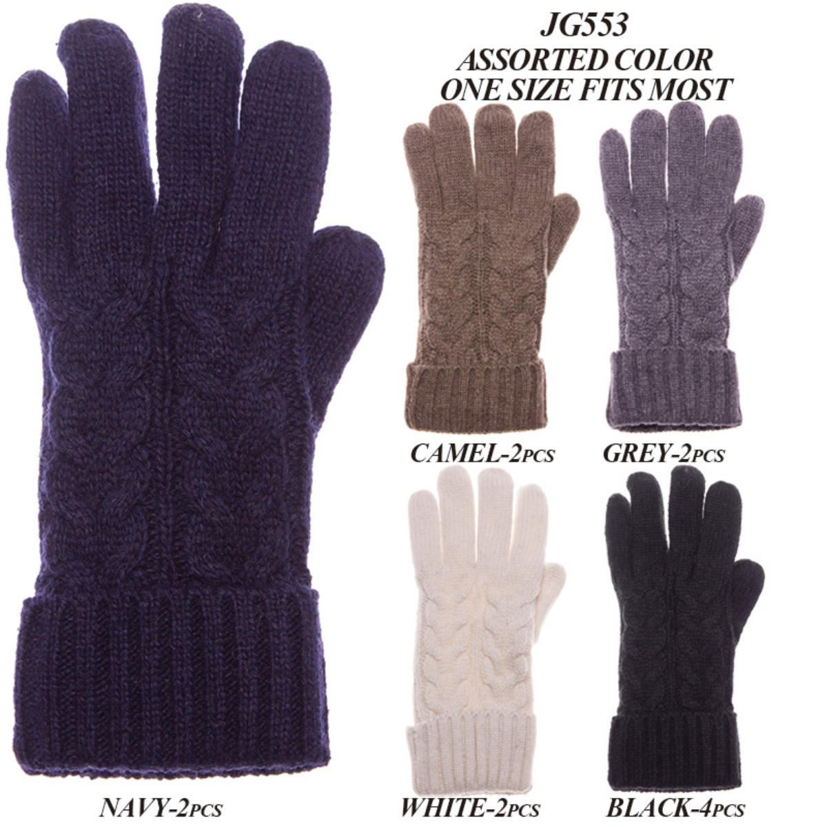 Solid Color Knitted Gloves W/ Cuffs & Double Lining - 12Pc Set