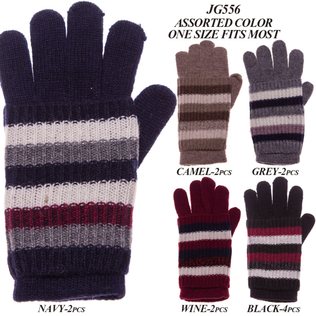 Solid Color Knitted Gloves W/ Stripe Pattern Detachable Palm-Cover & Double Lining - 12Pc Set