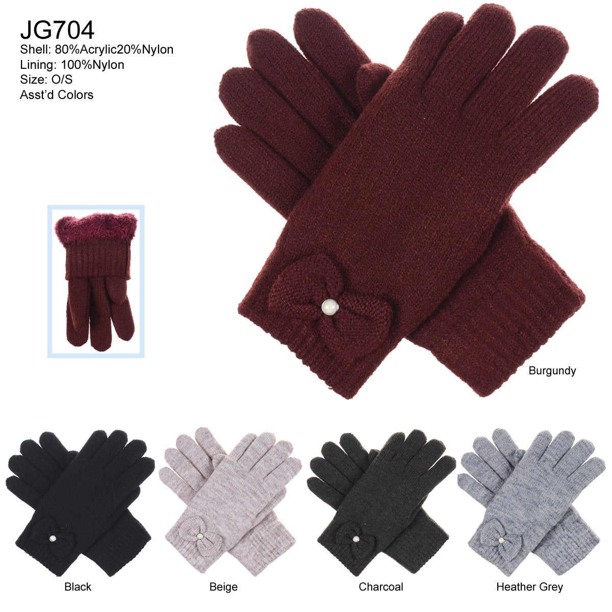 Solid Color Knitted Gloves W/ Bow & Chenille Lining - 12Pc Set